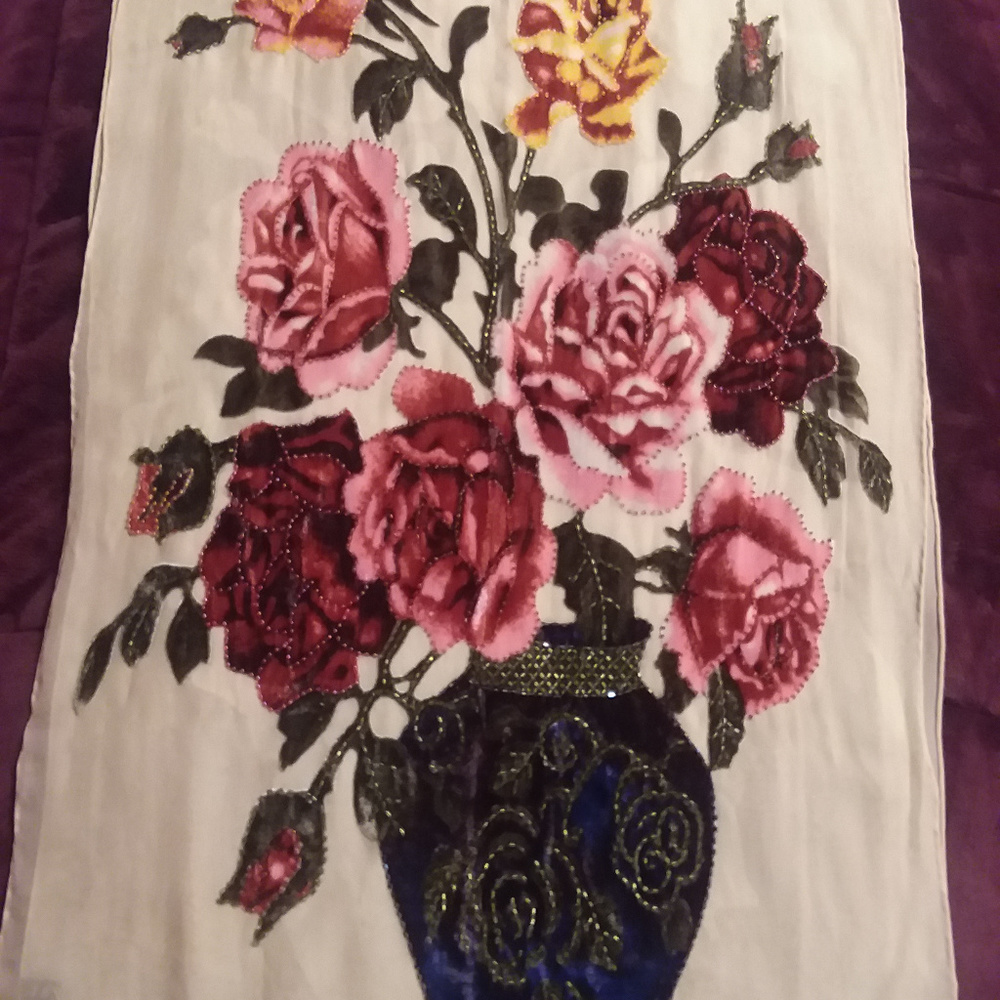 J & X NY AMAZING Silky Beaded Applique Scarf Wrap